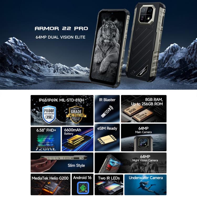 Ulefone Ulefone Armor 22 Pro, eSIM, 8 GB + 256 GB, 6,58 Zoll Display, Android 15, 4G, NFC, OTG