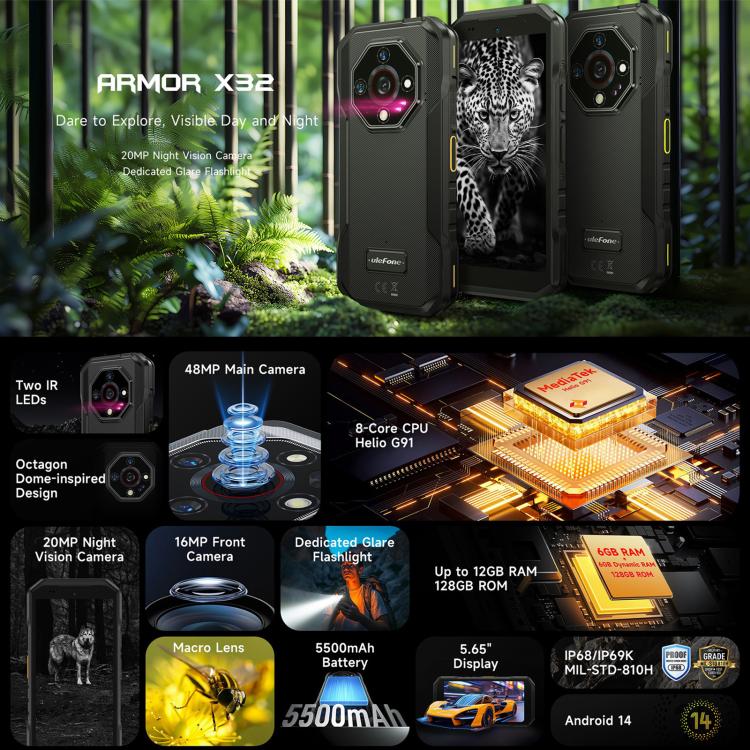 Ulefone Ulefone Armor X32, 8 GB + 256 GB, Nachtsicht, 5,65 Zoll, Android 14, 4G, NFC, OTG