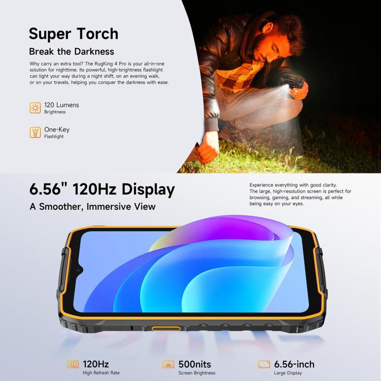 Ulefone Ulefone RugKing 4 Pro, 8 GB + 128 GB, robustes Smartphone (IP68/IP69K), 6,56 Zoll, Android 16, Unisoc T7250 Octa-Core-Prozessor, Netzwerk: 4G, NFC, OTG, RugKing 4 Pro, 8GB+128GB