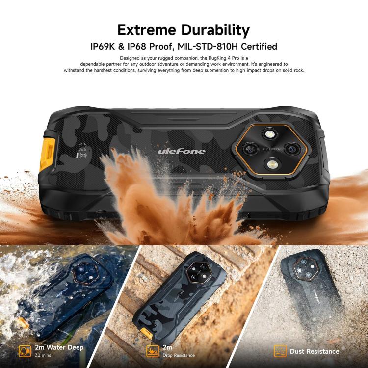 Ulefone Ulefone RugKing 4 Pro, 8 GB + 128 GB, robustes Smartphone (IP68/IP69K), 6,56 Zoll, Android 16, Unisoc T7250 Octa-Core-Prozessor, Netzwerk: 4G, NFC, OTG, RugKing 4 Pro, 8GB+128GB