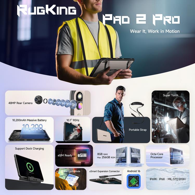 Ulefone Ulefone Rugking Pad 2 Pro, 8 GB + 128 GB, 10,1 Zoll, Android 16, Unisoc T7250 Octa-Core-Prozessor, 4G
