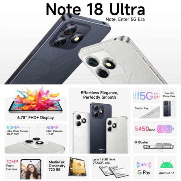 Ulefone Note 18 Ultra, seitlicher Fingerabdruck, 6,78 Zoll Android 13 MediaTek Dimensity 720 5G MT6853 Octa Core 2,0 GHz, NFC, Netzwerk: 5G, 6GB+256GB – Bild 2