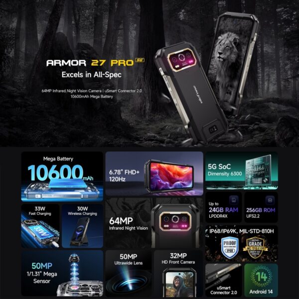 Ulefone Armor 27 Pro-Telefon, 12 GB + 256 GB, Nachtsicht, 10600 mAh, 6,78 Zoll Android 14 MediaTek Dimensity 6300 Octa Core, Netzwerk: 5G, NFC – Bild 4