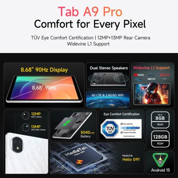 Ulefone Tab A10 Pro Tablet PC, 6GB+128GB, 8.68 inch Android 15 MediaTek Helio G91 Octa Core 4G Network, EU Plug – Bild 2